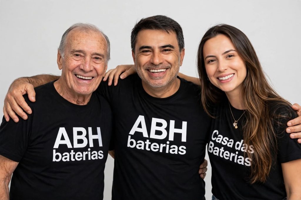 Assis Brasil Hermel, Nilton Cesar Hermel e Ana Karolina Hermel abraçados e sorrindo, com camisetas da ABH Baterias e da Casa das Baterias